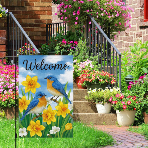 Heyfibro spring garden flag daffodils and birds, enhances curb appeal on lawns.