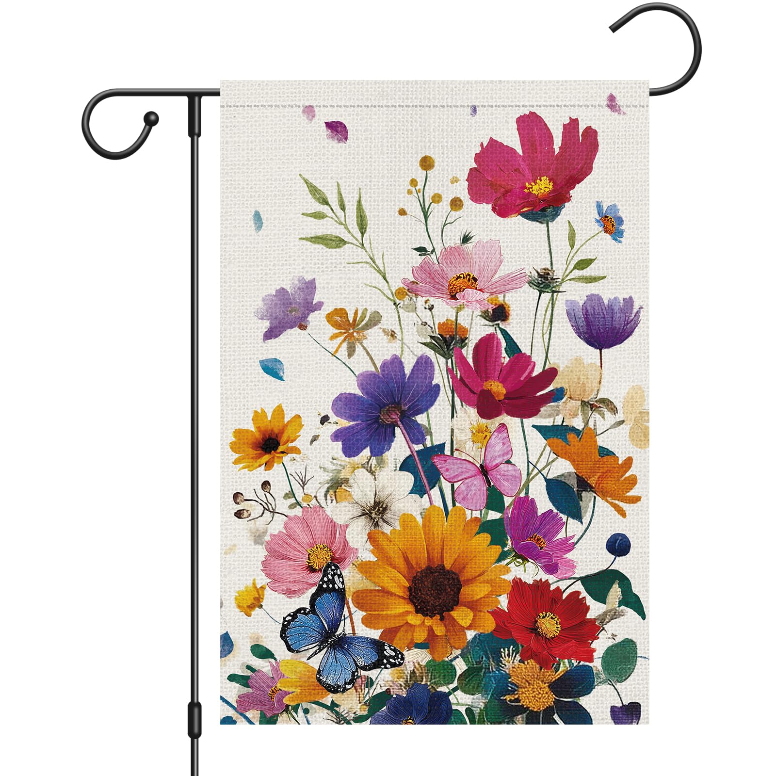 Heyfibro spring-summer floral flag with daisies and butterflies in sunlight, ideal outdoor decoration.