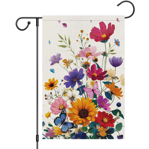 Heyfibro spring-summer floral flag with daisies and butterflies in sunlight, ideal outdoor decoration.