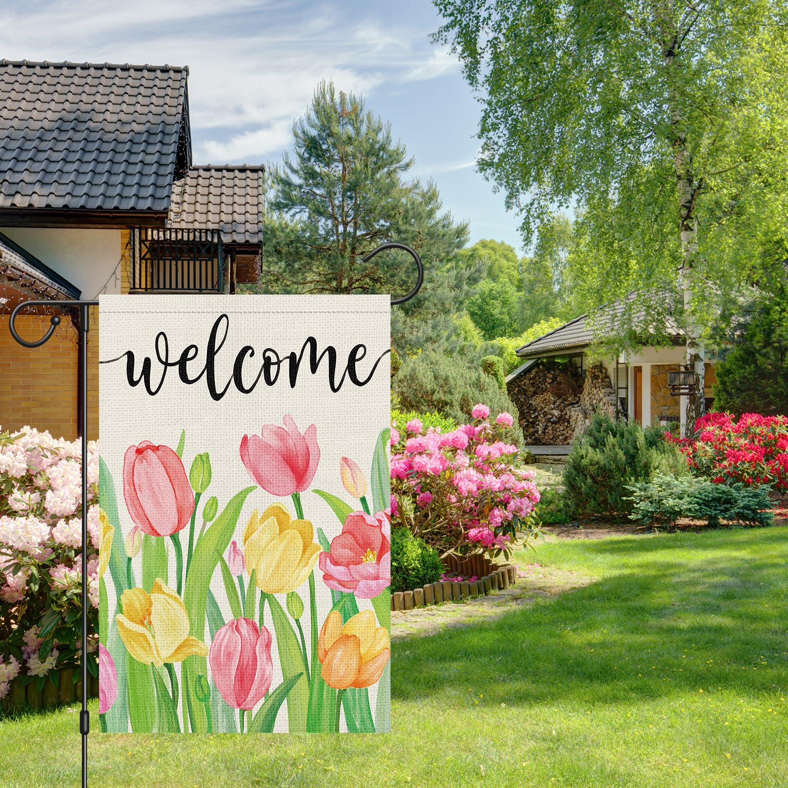 Heyfibro tulip floral farmhouse flag adds rustic charm to outdoor spaces.