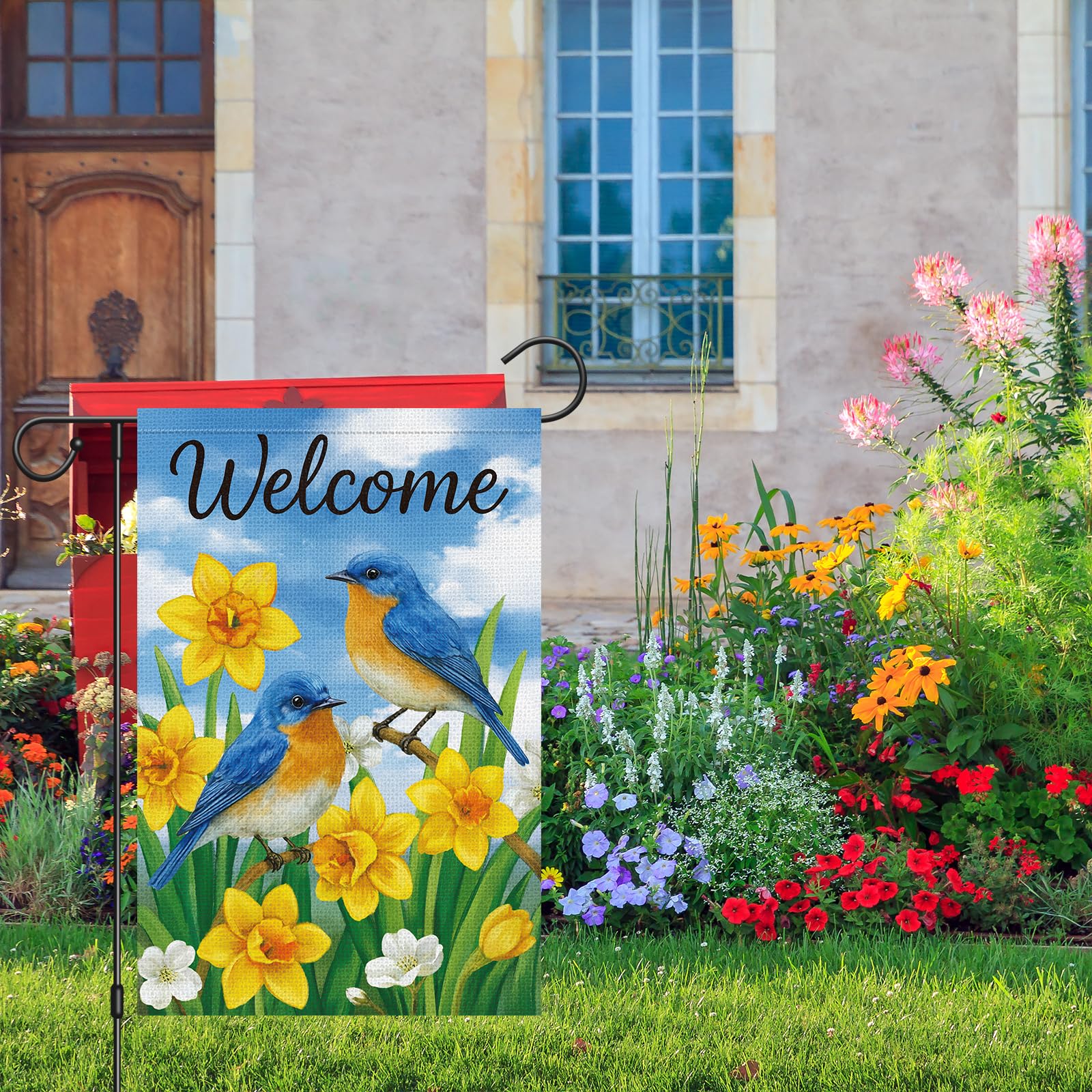 Heyfibro weather-resistant spring flag, ideal for porches and entryways.