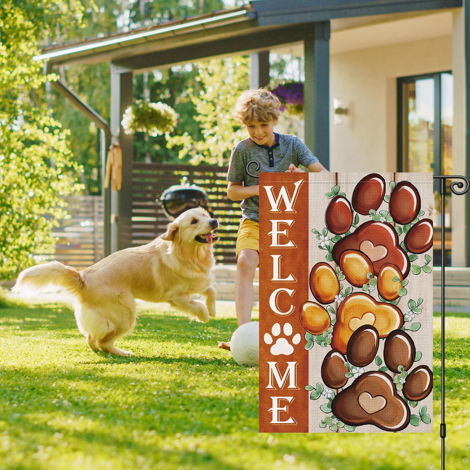 Heyfibro Welcome Garden Flag shows rustic woodgrain background matching farmhouse decor.