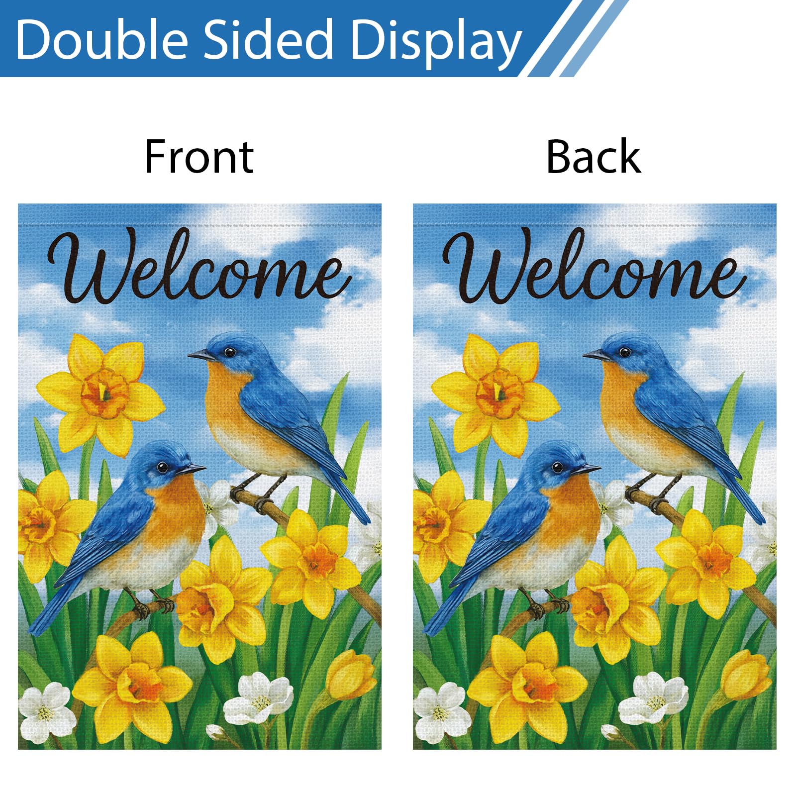 Heyfibro welcome-script garden flag, bold typography visible from both directions.