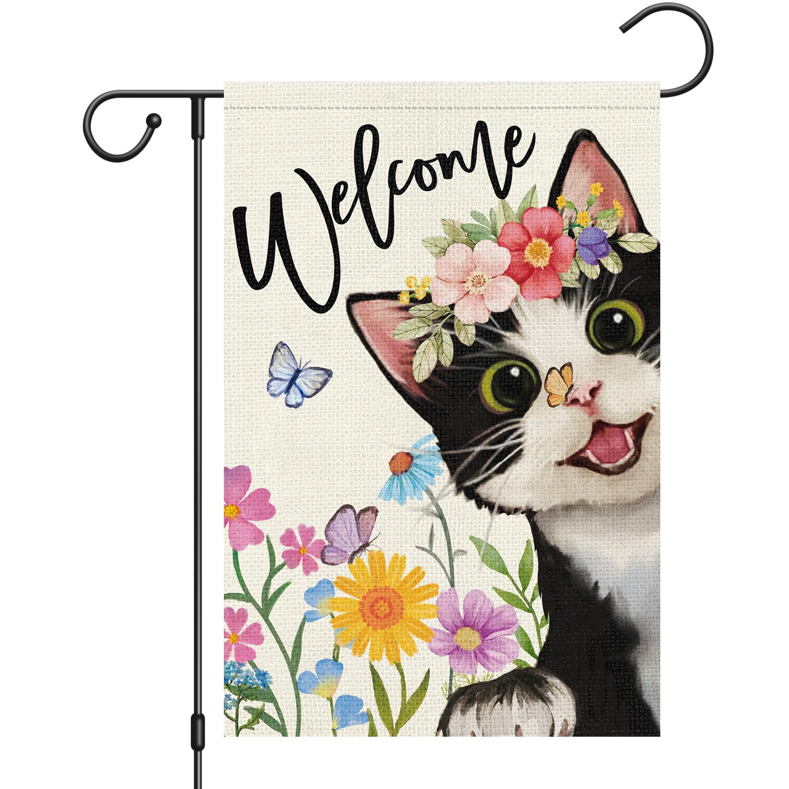 Heyfibro Welcome Spring Cat Flag with butterfly motif brightens outdoor entry