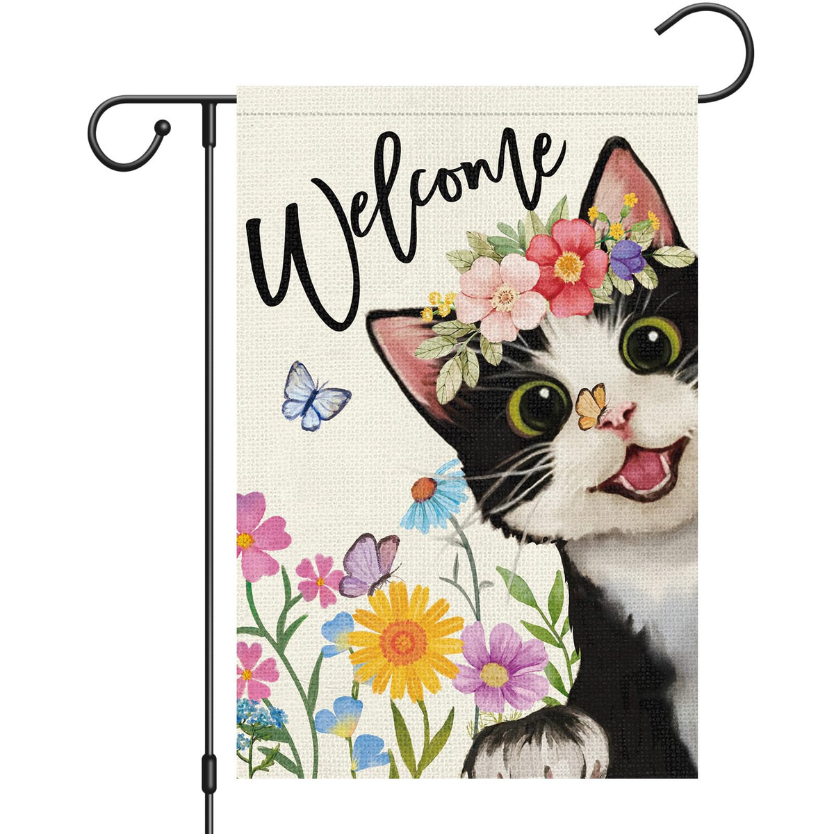 Heyfibro Welcome Spring Cat Flag with butterfly motif brightens outdoor entry