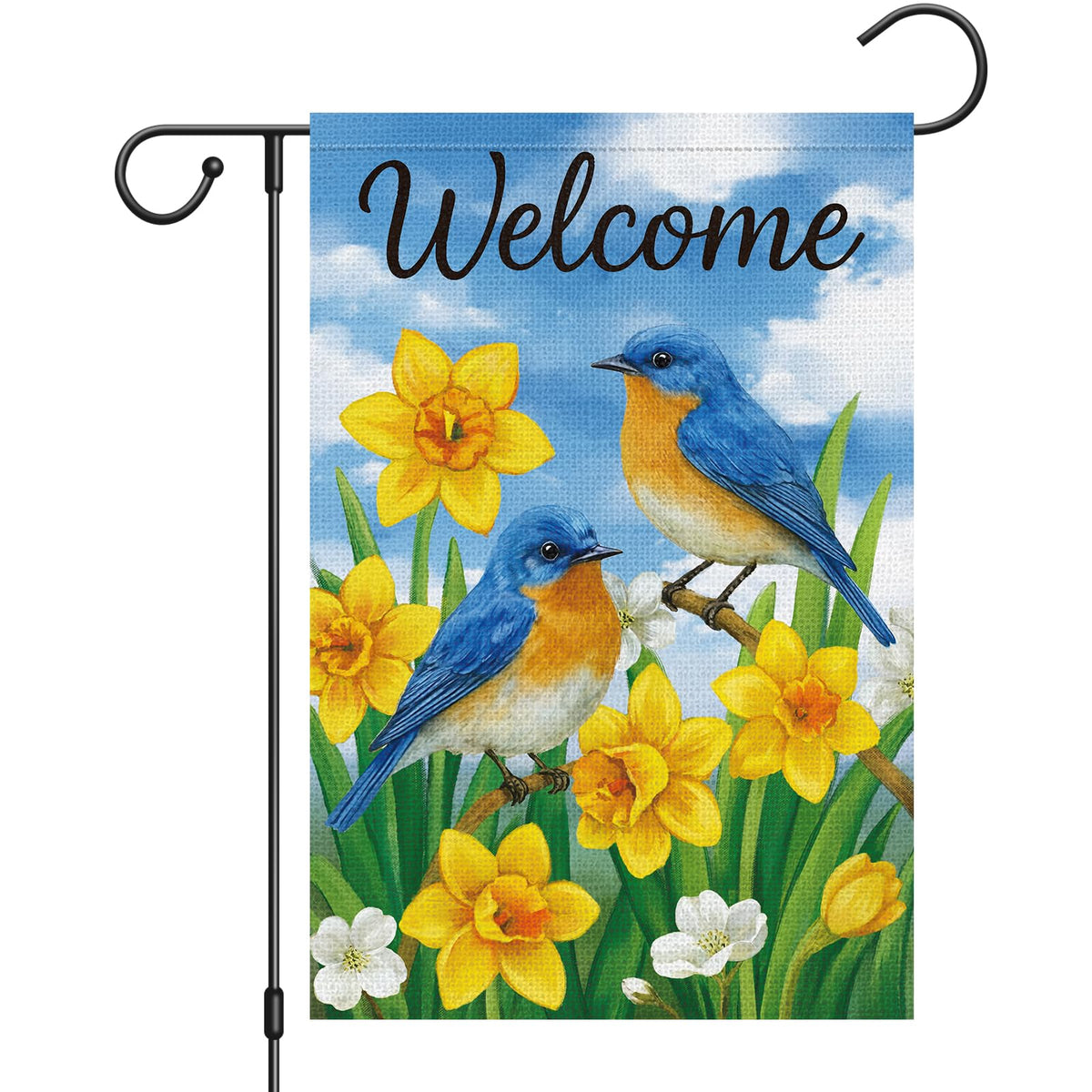 Heyfibro welcome spring flag with blue birds and daffodils, perfect for welcoming guests.