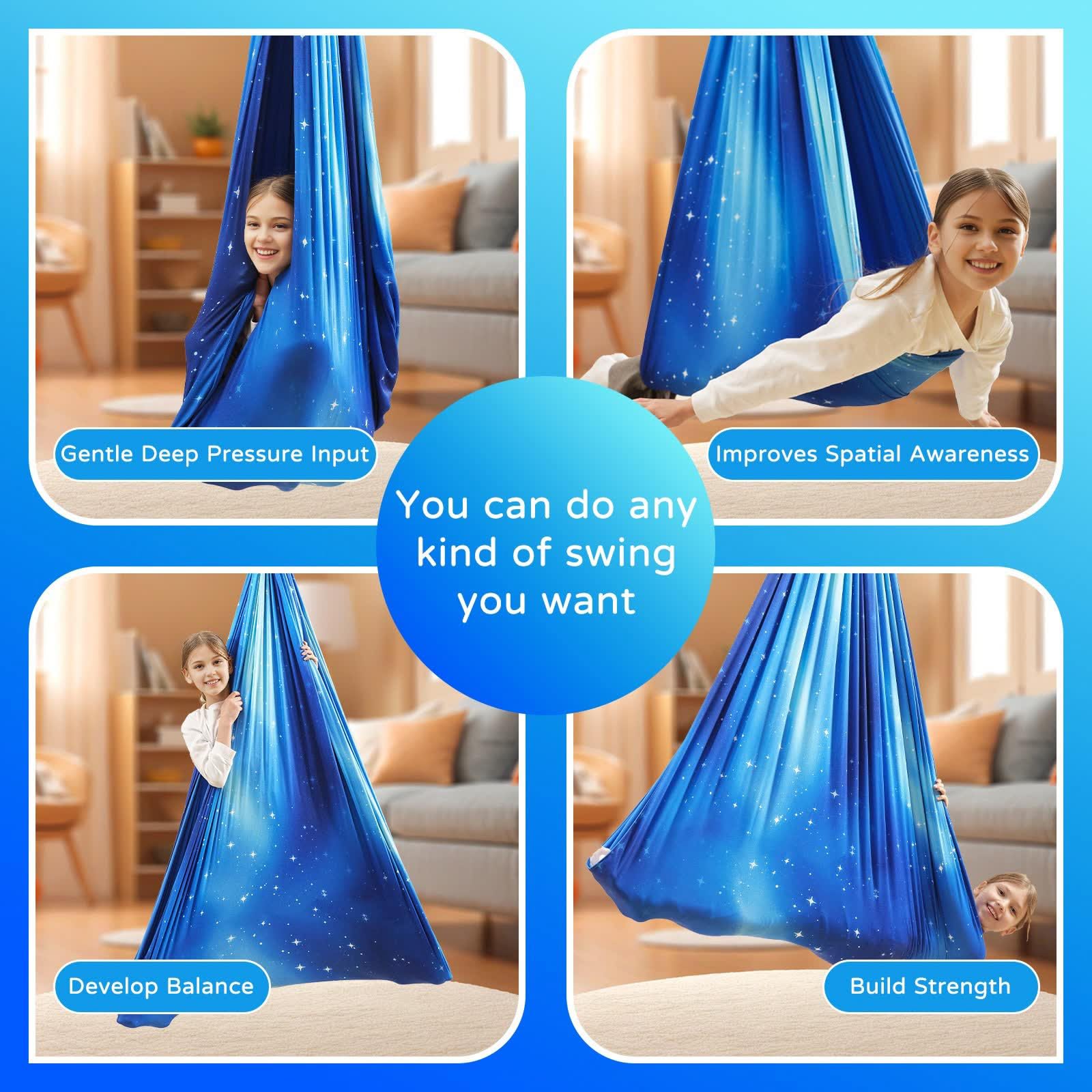 Heyfriday sensory swing showing 360 swivel for multiple swinging options