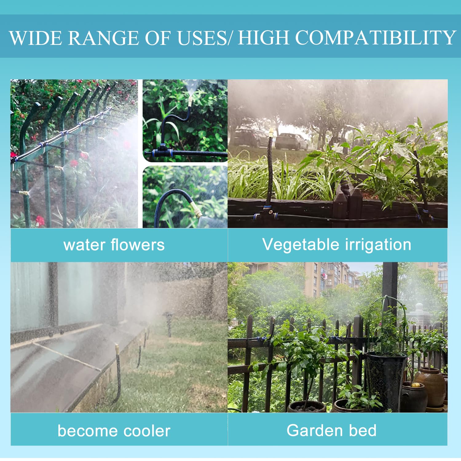 Heyxire outdoor garden application suits patios and greenhouses for misting and cooling.