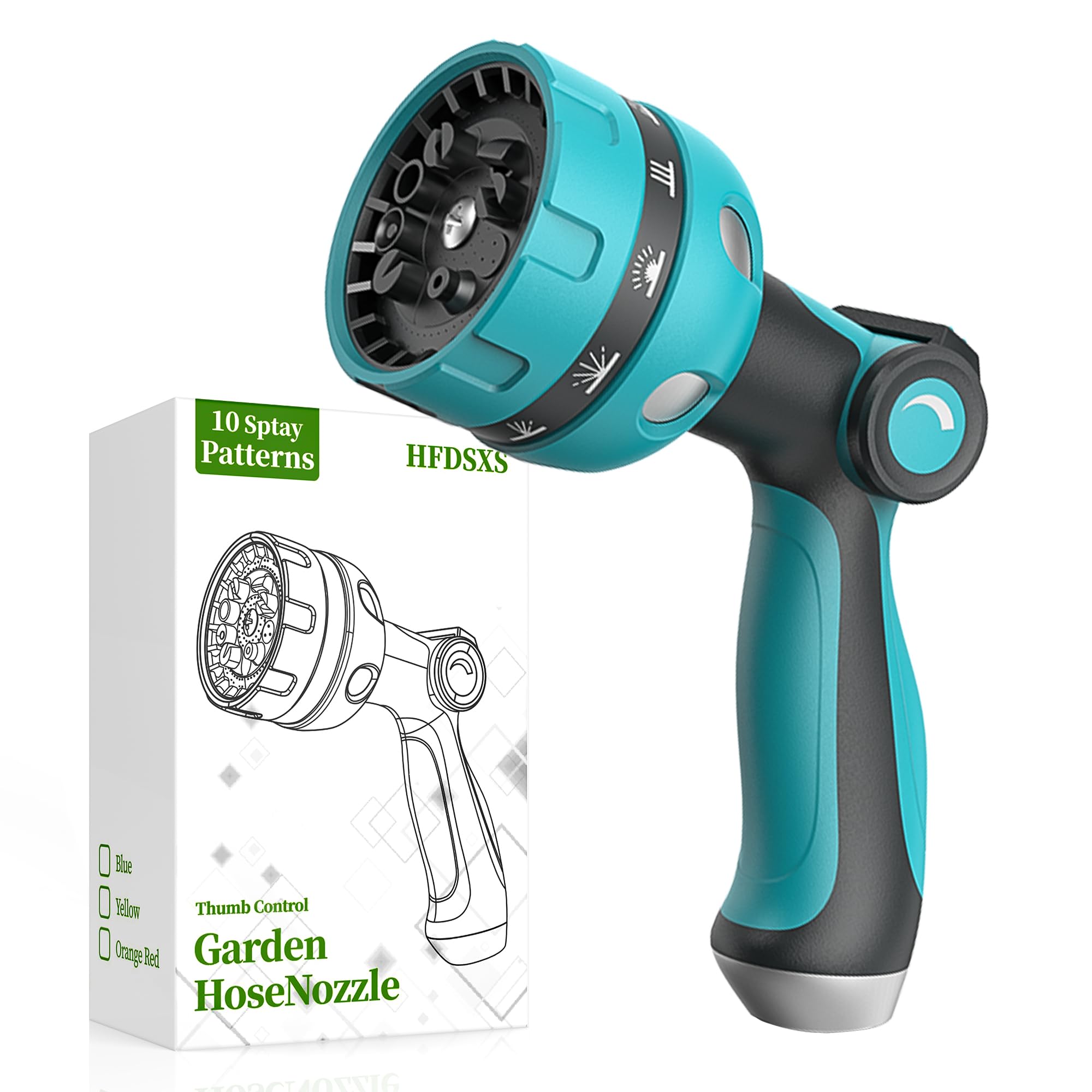 HFDSXS garden hose nozzle with metal inlet for leak-proof use.