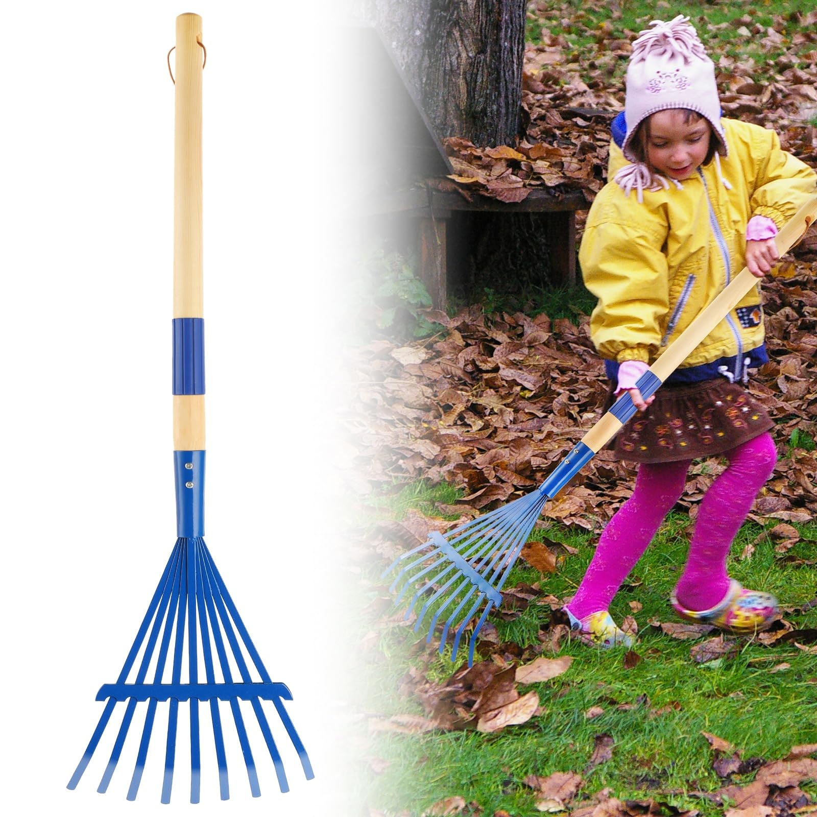 HFXXAD kids rake with blue head, 28-inch length for easy outdoor help