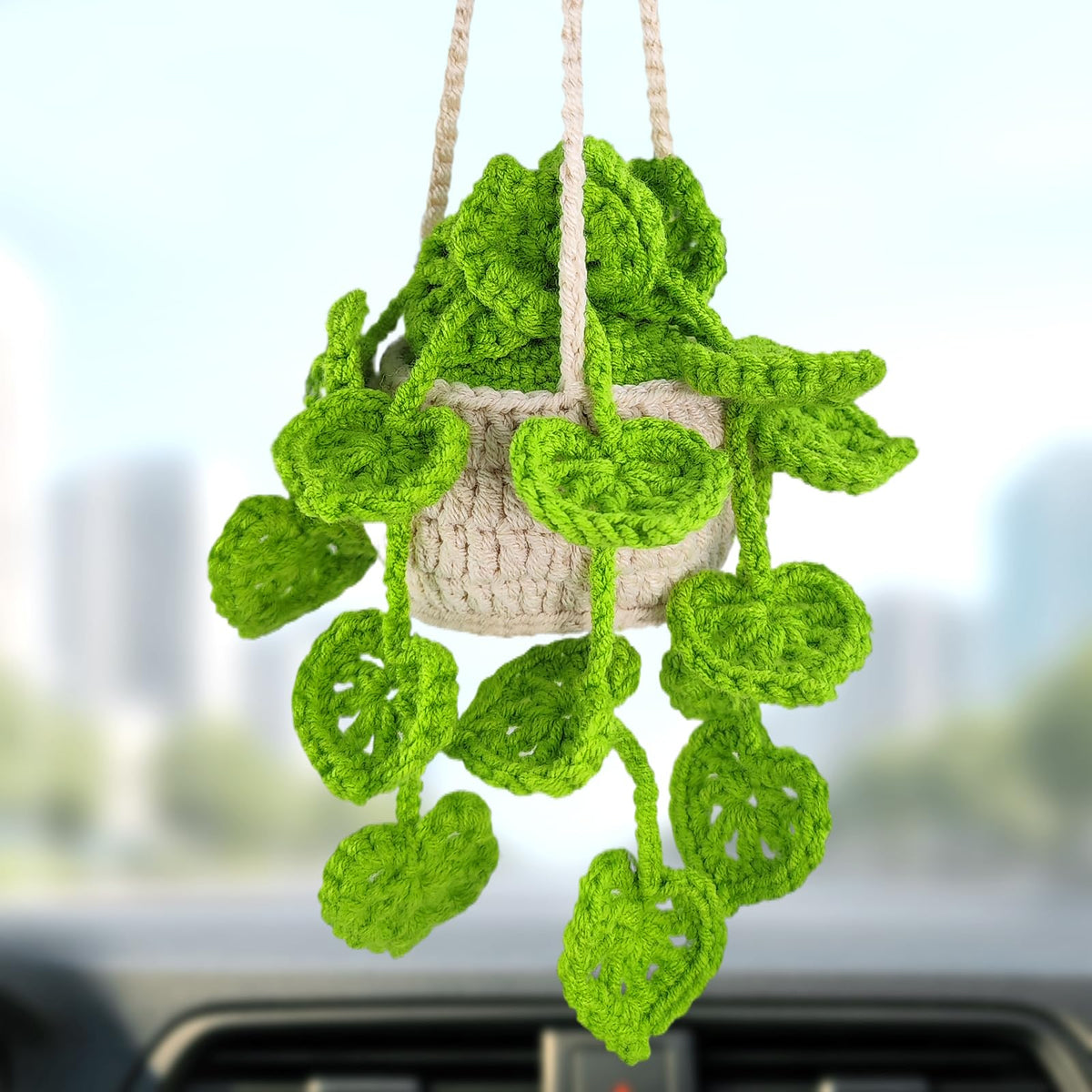 HFZRZFH boho crochet plant hanging basket car front view adds charm and style