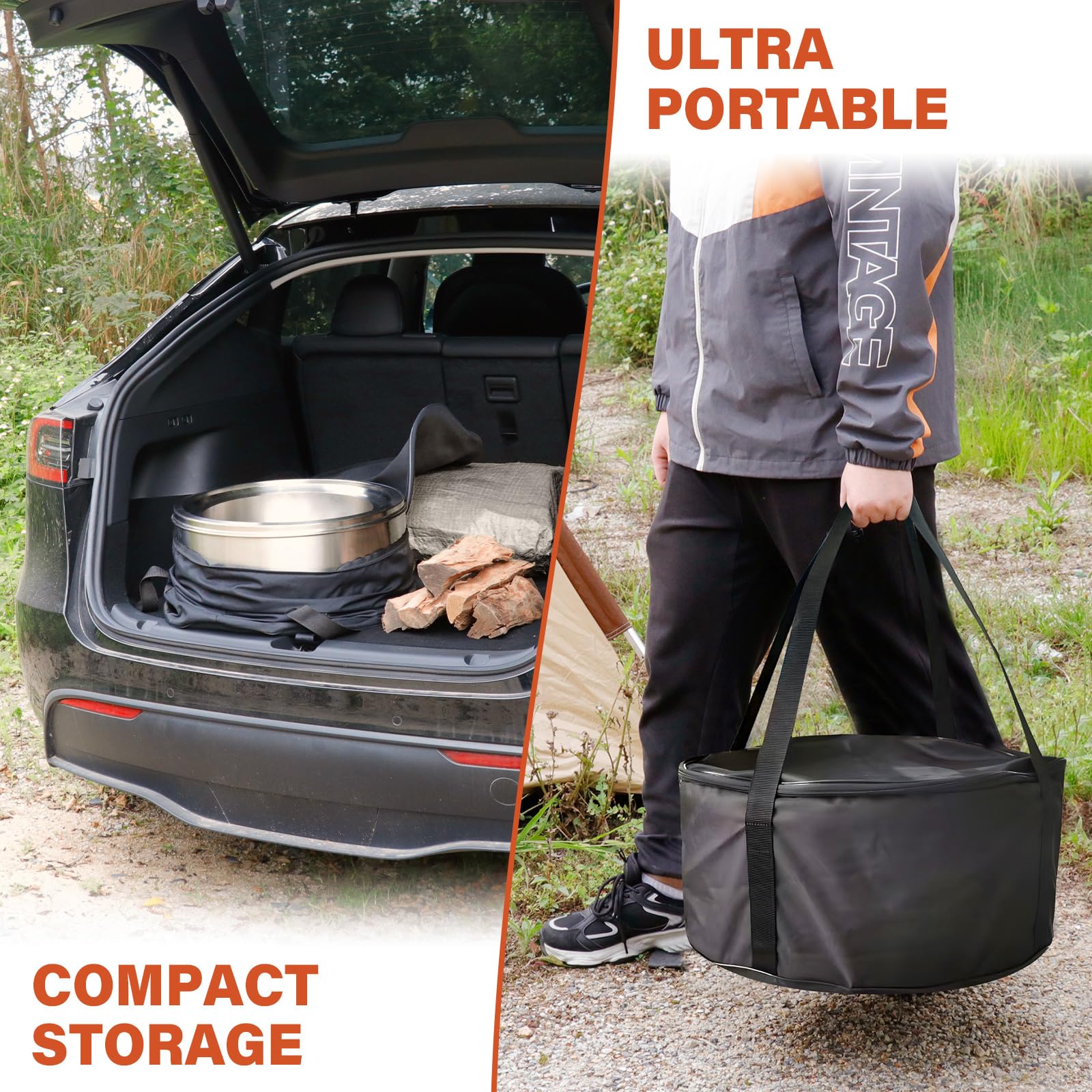 HGD 20inch smokeless firepit side view with travel bag for easy transport.