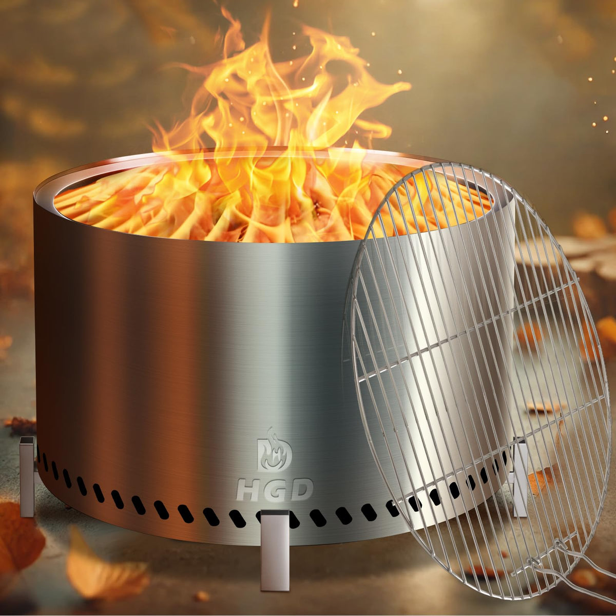 HGD 28-inch smokeless fire pit with stand, showcasing stable base for outdoor gatherings.