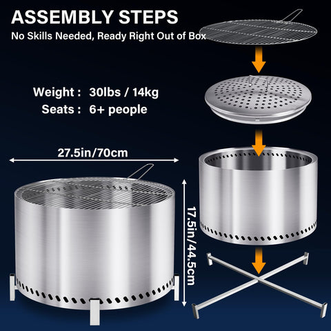 HGD 28-inch stainless steel fire pit on sturdy base complements patio décor.