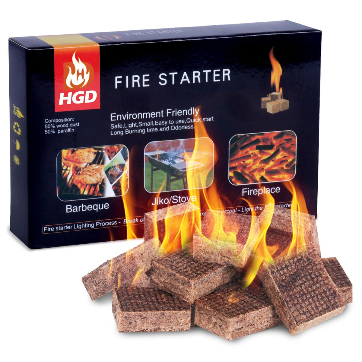 HGD 32-piece fire starter pack ready for quick ignition on grills and campfires.