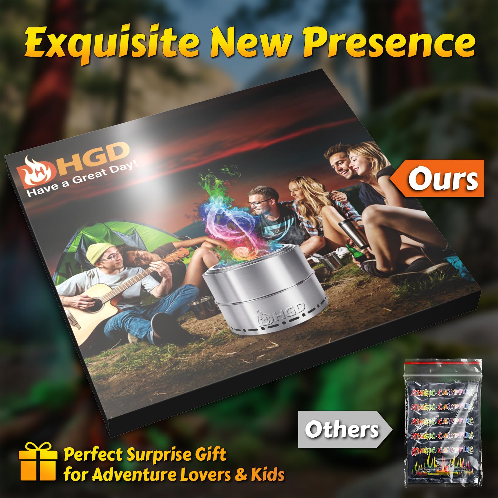HGD Magic Campfire camping setup adds instant color to gatherings.