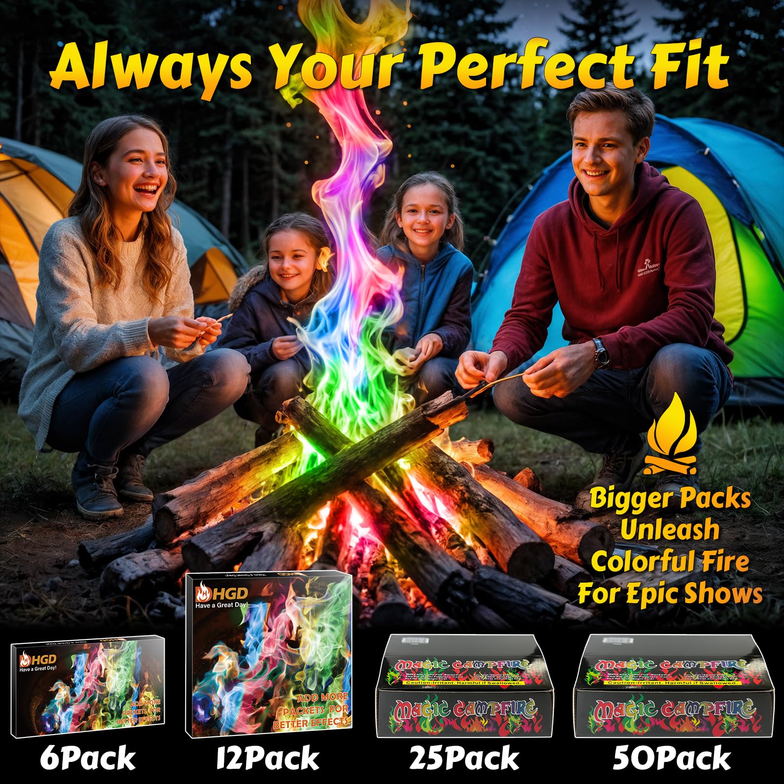 HGD Magic Campfire outdoor fire pit scene with colorful flames.