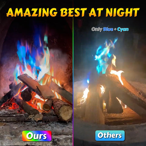 HGD magic campfire packets displaying rainbow flames in action.