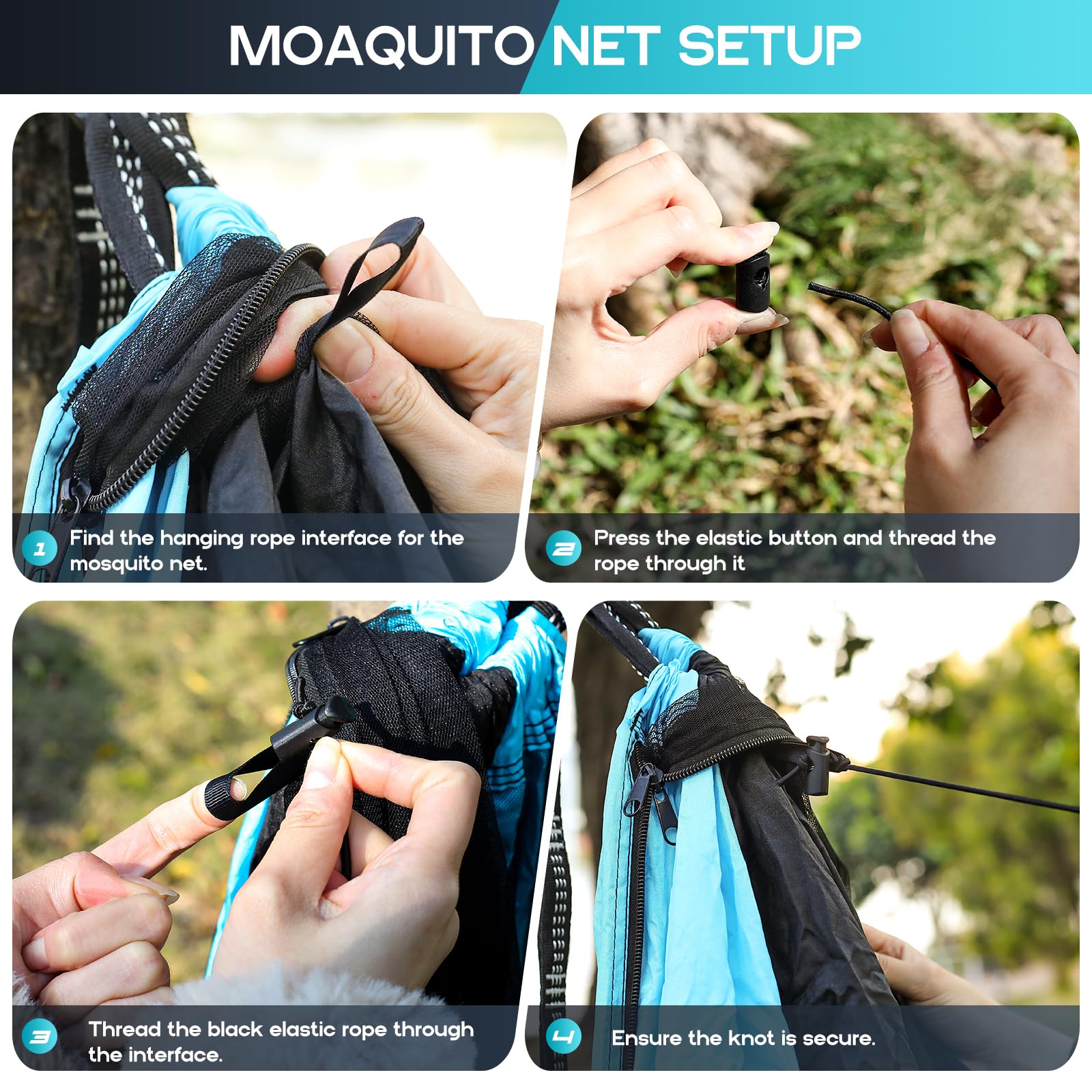 HGYI hammock setup between trees using straps and hooks for easy assembly