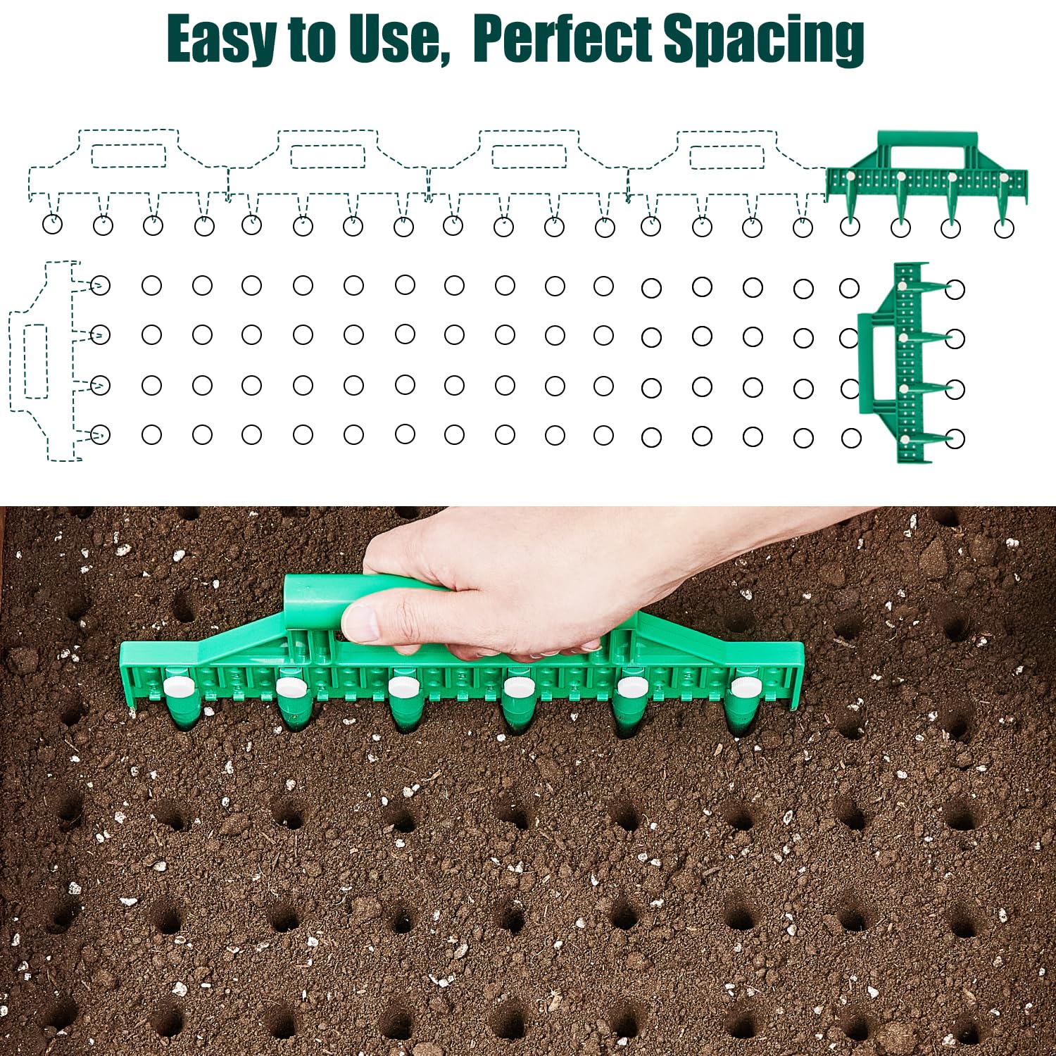 Depth-adjustment holes on HHTHH seed dibber enable seed depth control.