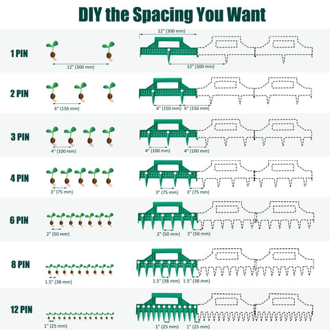 Detachable pins assembly of HHTHH seed dibber for customizable spacing.