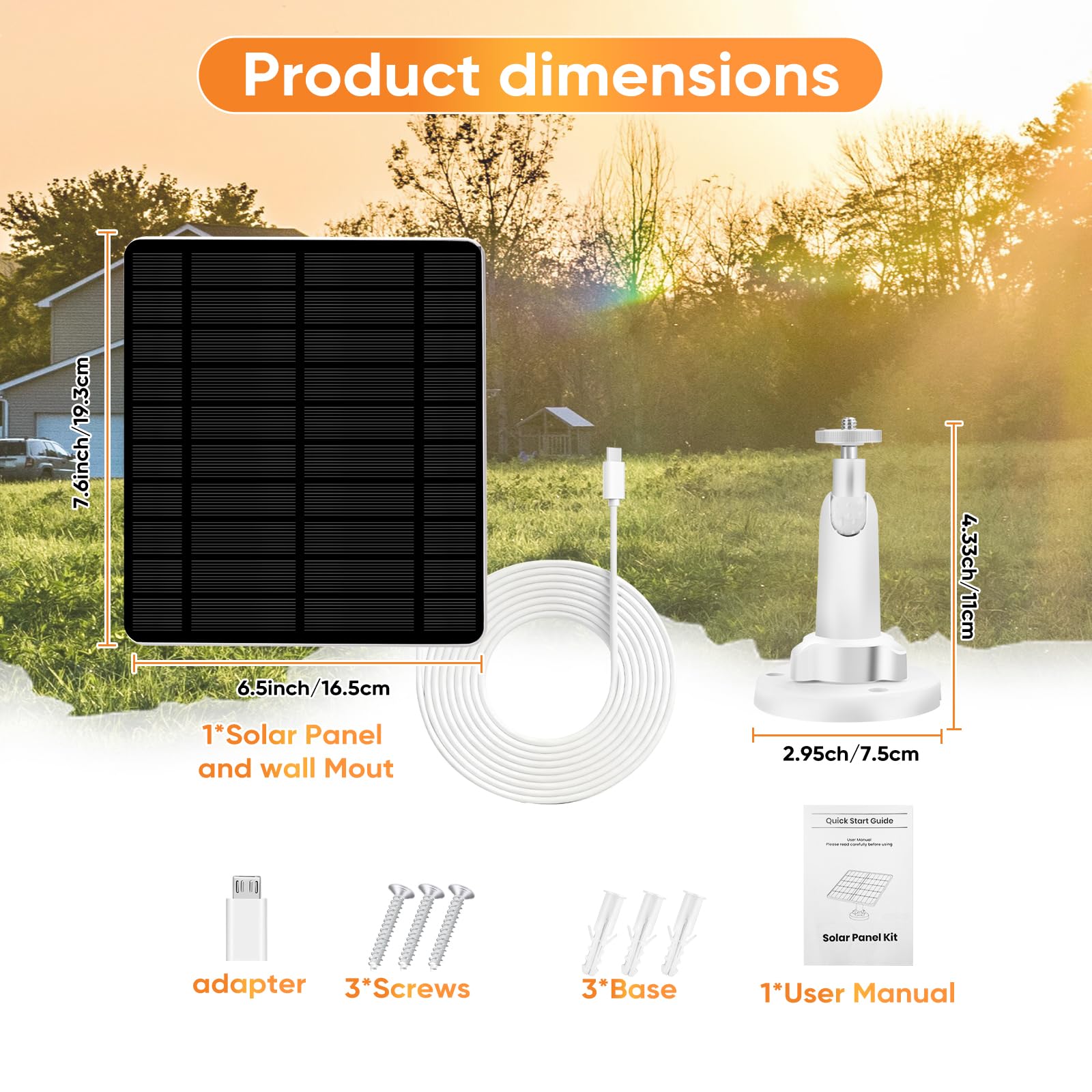 Package includes solar panel, adjustable mount, barrel plug adapter, manual