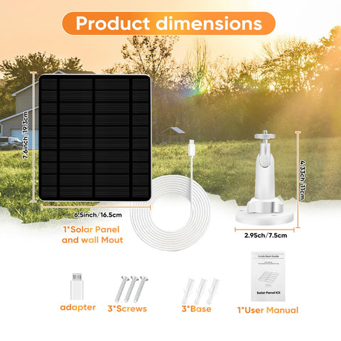 Package includes solar panel, adjustable mount, barrel plug adapter, manual