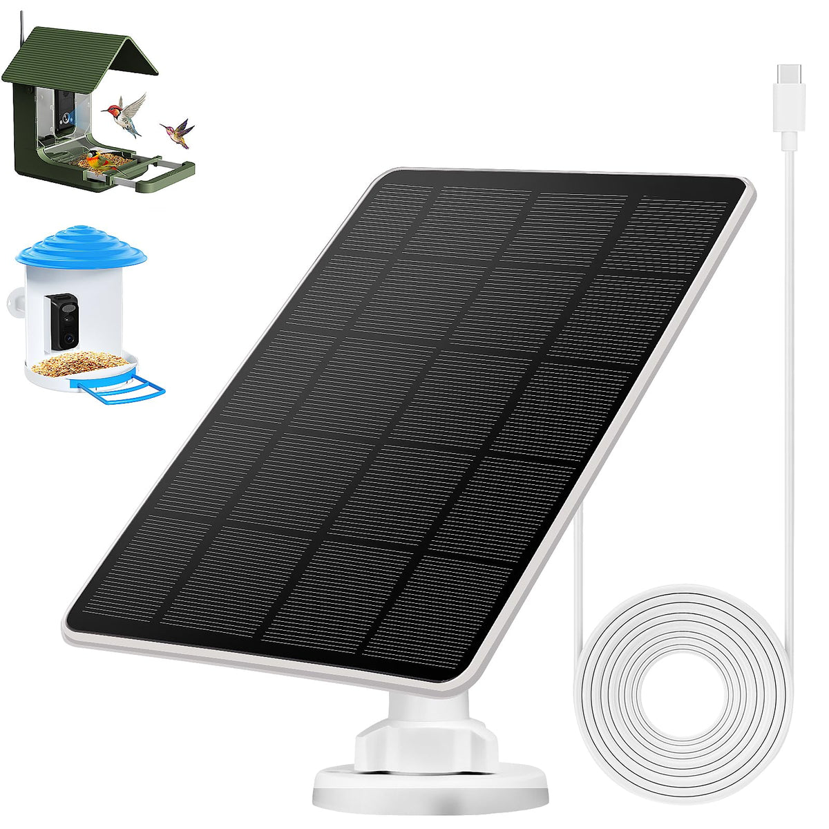 Hhuiyu 3W solar panel powers the outdoor bird feeder camera for continuous monitoring.