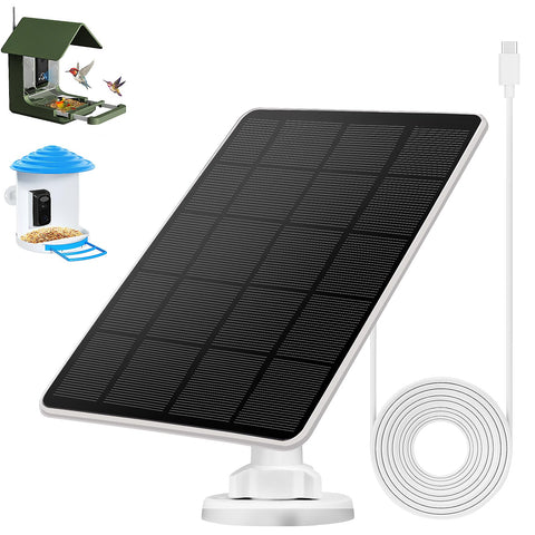 Hhuiyu 3W solar panel powers the outdoor bird feeder camera for continuous monitoring.