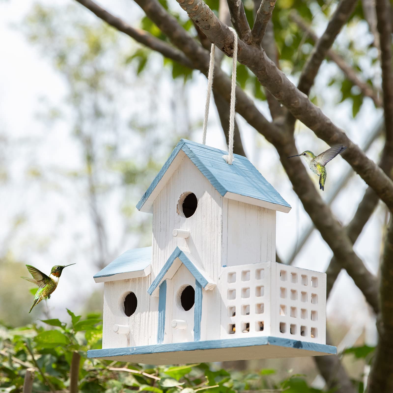 HHWODB bluebird birdhouse placed in garden with accessible entry holes.