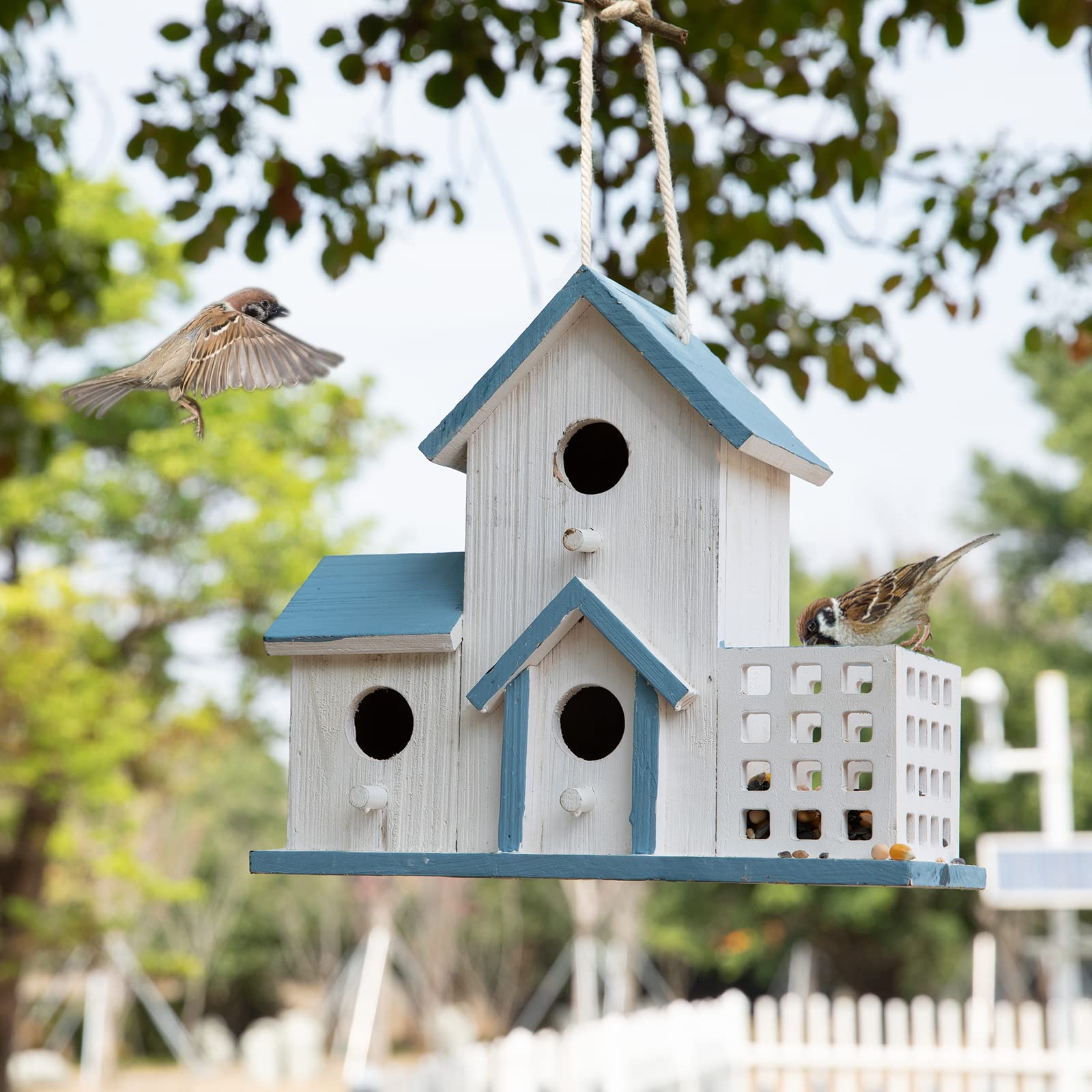 Hand-woven hemp rope on HHWODB bluebird birdhouse.