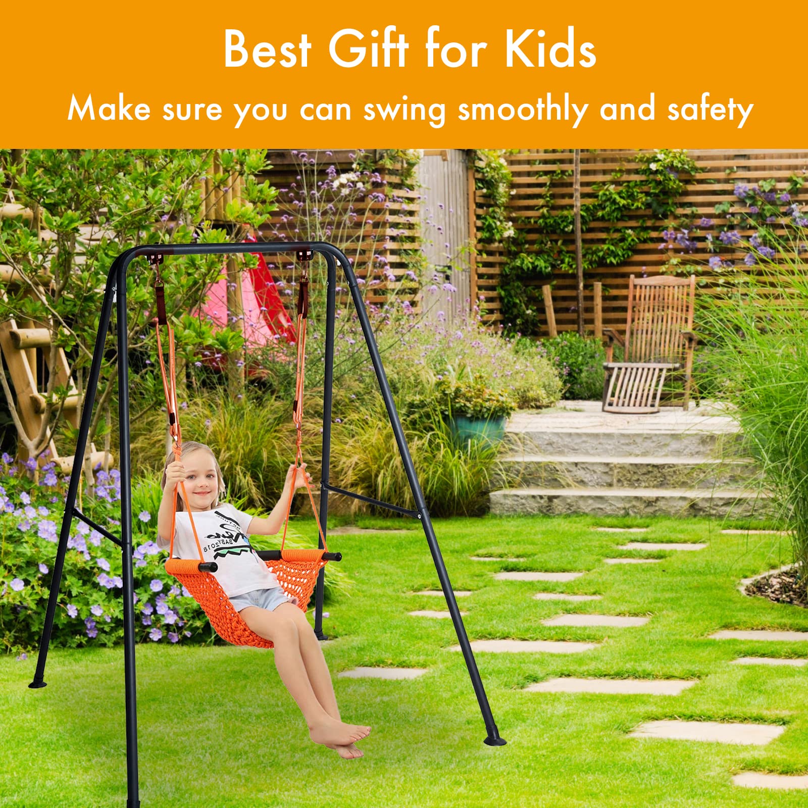 Hi-Na swing stand used in a backyard setting for family enjoyment