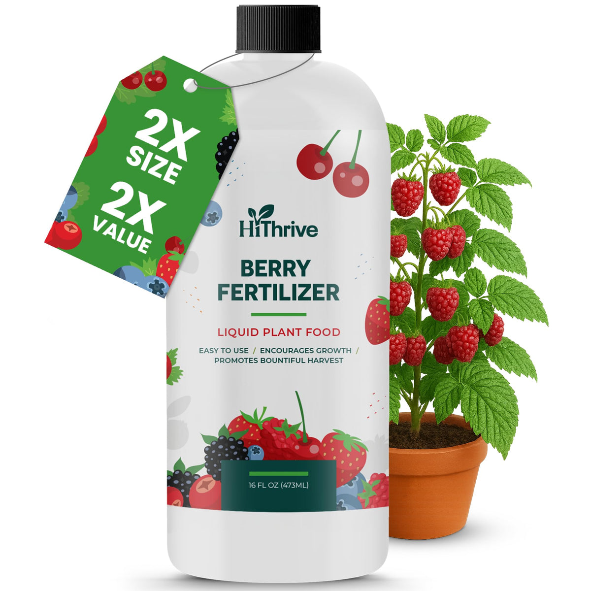 HiThrive Berry Fertilizer bottle front promotes healthy root growth and vibrant berries.