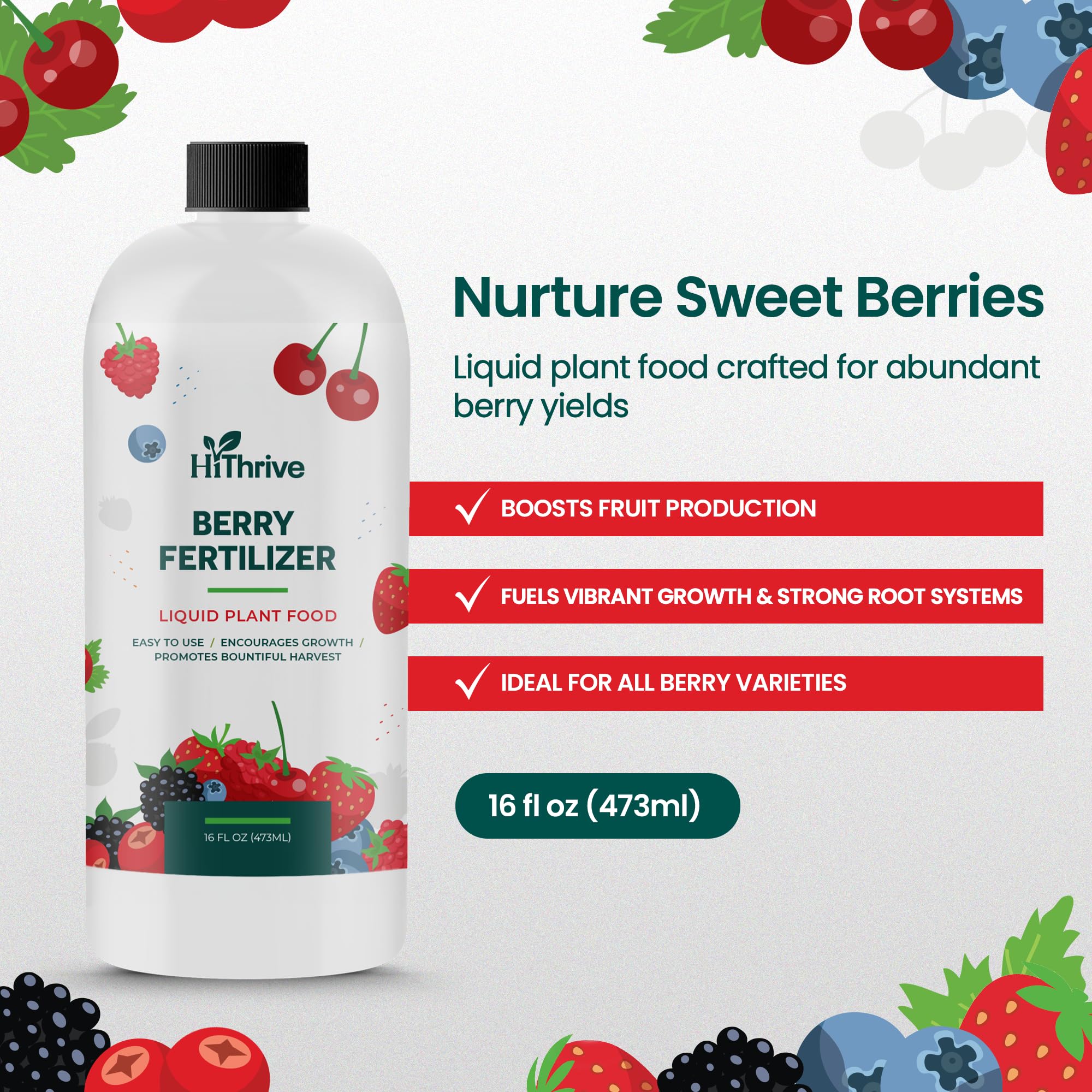 HiThrive Berry Fertilizer label closeup highlights essential nutrients for robust plant development.