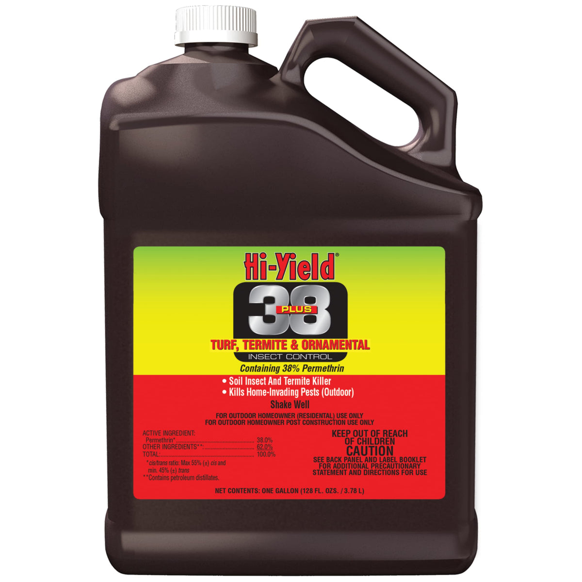 Hi-Yield 31333 38 Plus bottle for outdoor turf protection against termites and pests.
