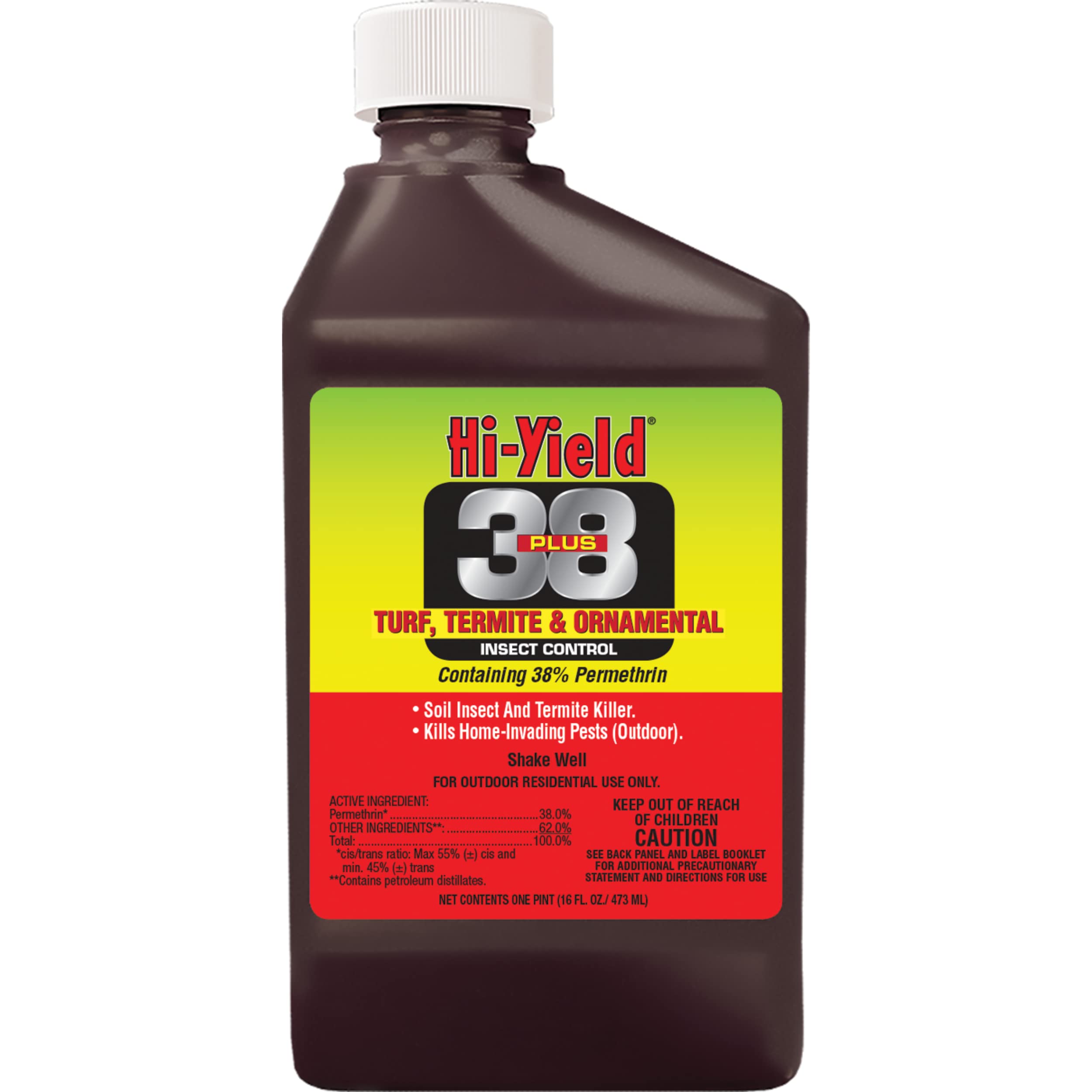 Hi-Yield 38 Plus Permethrin bottle for turf and termite control safeguards lawns.