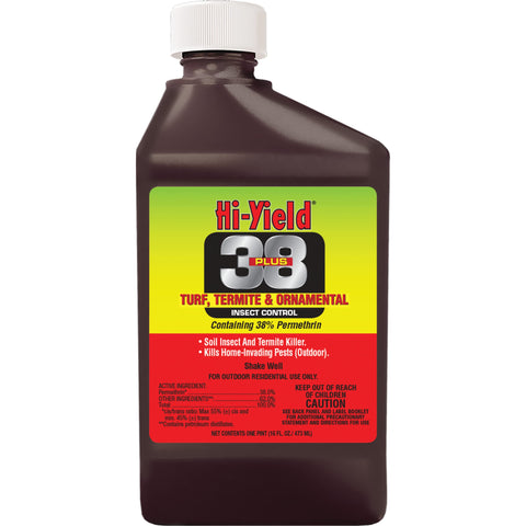 Hi-Yield 38 Plus Permethrin bottle for turf and termite control safeguards lawns.