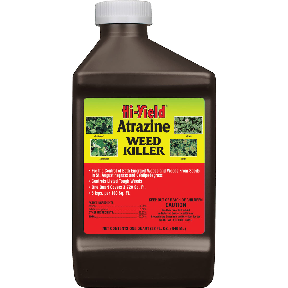 Hi-Yield Atrazine weed killer bottle 32oz ready for lawn treatment.