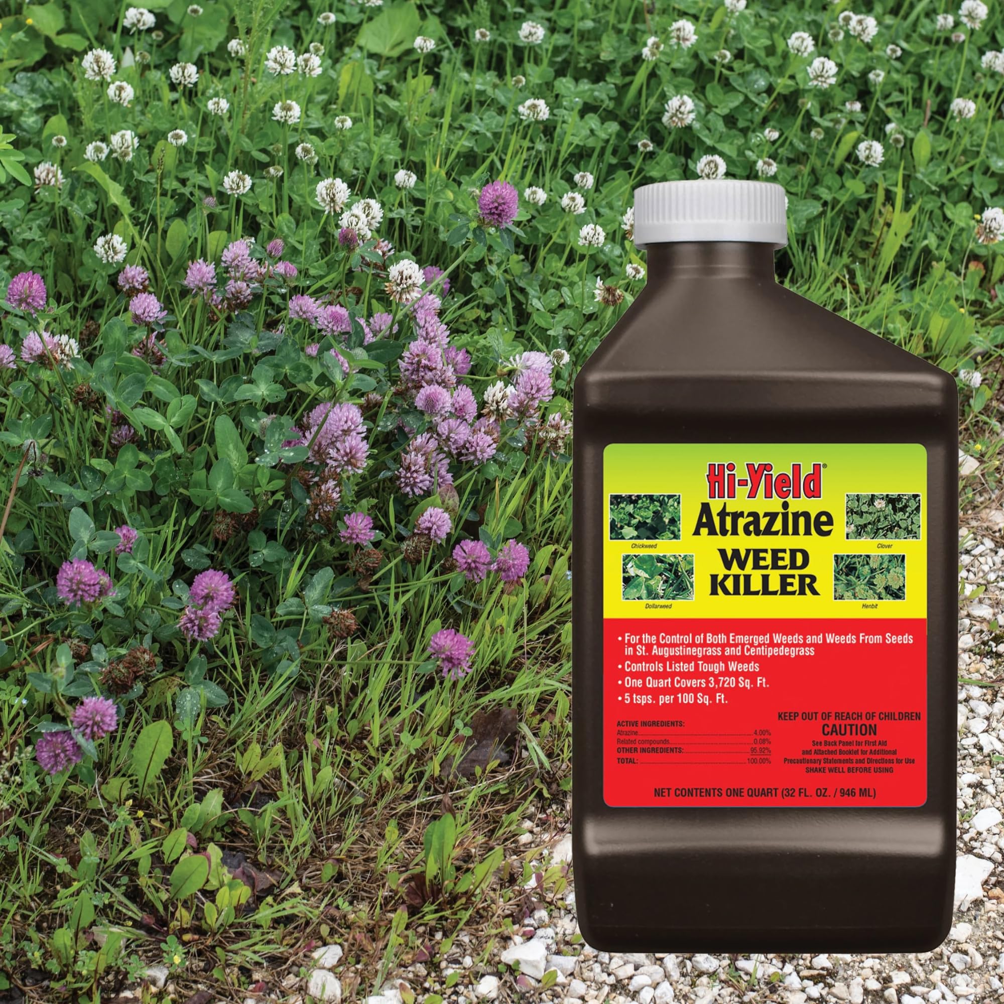 Hi-Yield Atrazine weed killer lawn application demonstrating turf weed control.