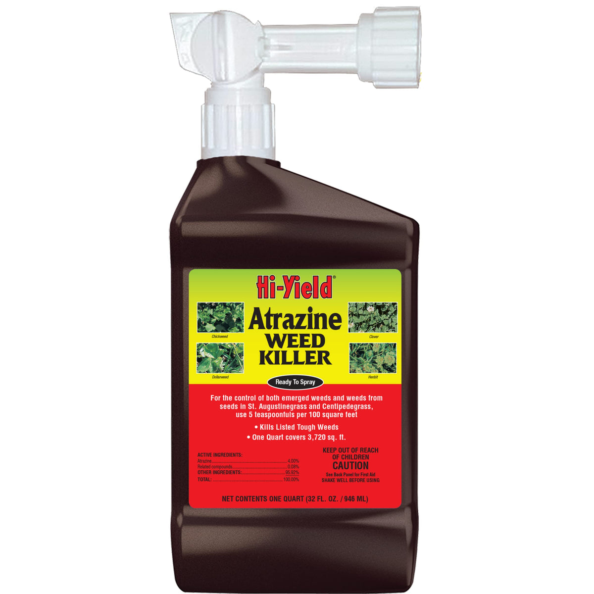 Hi-Yield Atrazine RTS bottle front for quick lawn weed control.