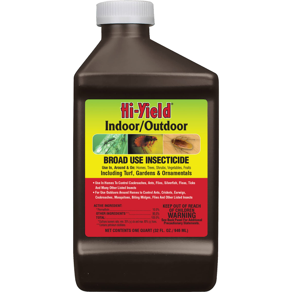 Hi-Yield broad-use insecticide bottle pour enables targeted outdoor pest control.