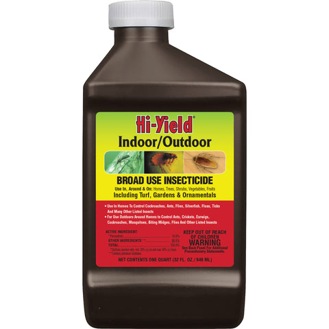 Hi-Yield broad-use insecticide bottle pour enables targeted outdoor pest control.