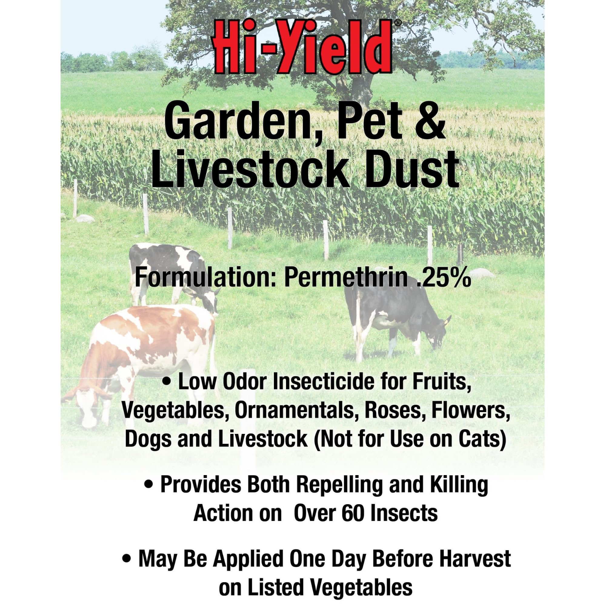 Hi-Yield dust on plants showing dual-action pest protection for vegetables and ornamentals.