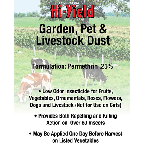 Hi-Yield dust on plants showing dual-action pest protection for vegetables and ornamentals.