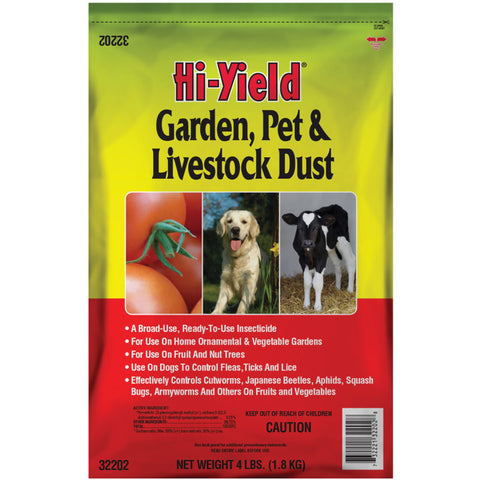 Hi-Yield Garden, Pet and Livestock Dust bottle being poured for quick pest control.