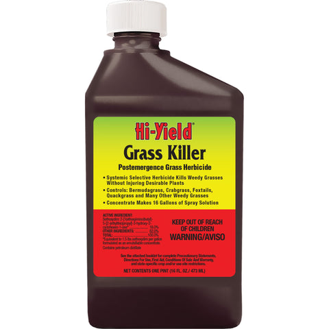 Hi-Yield Grass Killer bottle and label ready for lawn treatment.