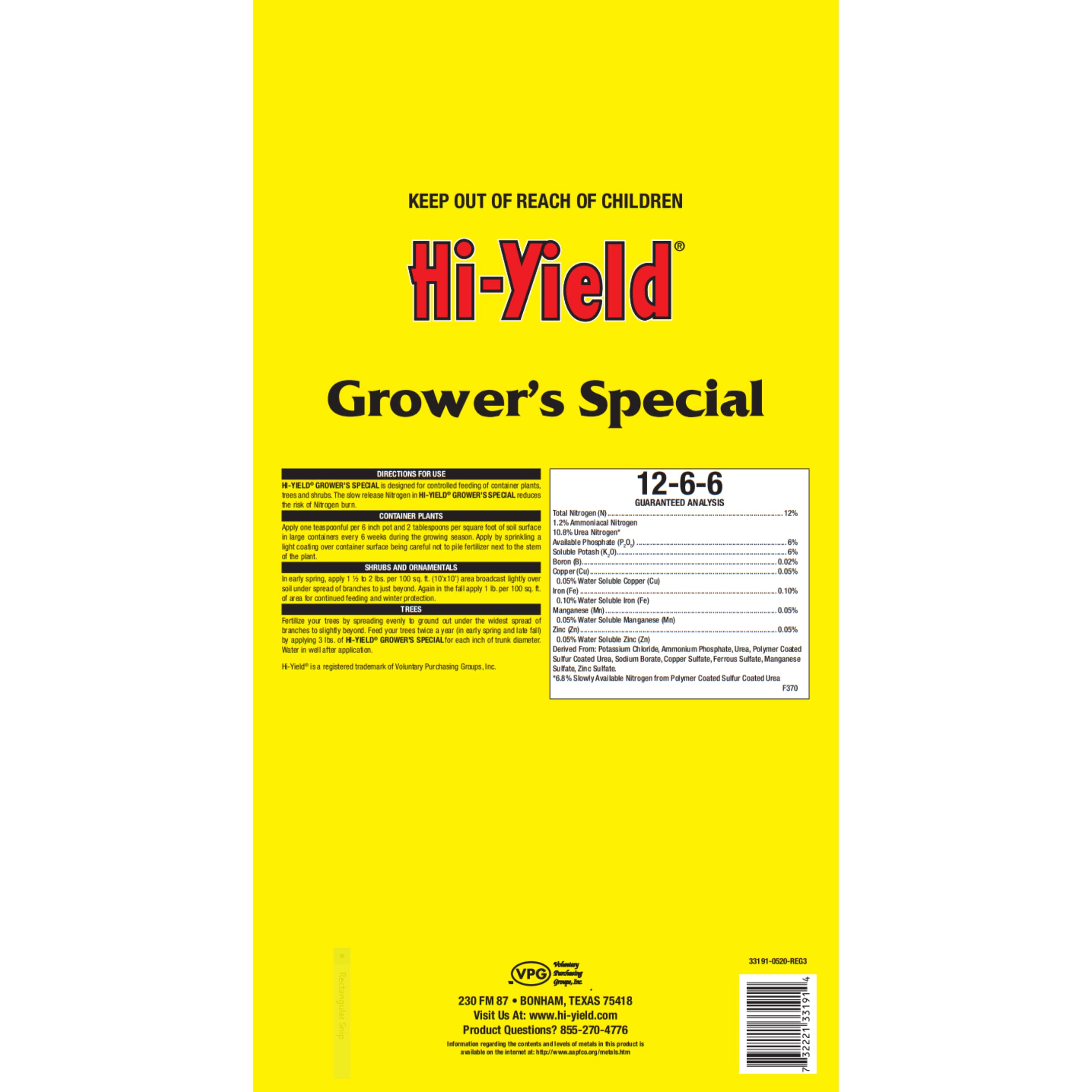 Hi-Yield Grower's Special Fertilizer label shows 12-6-6 NPK for steady container growth