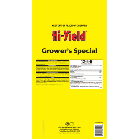 Hi-Yield Grower's Special Fertilizer label shows 12-6-6 NPK for steady container growth