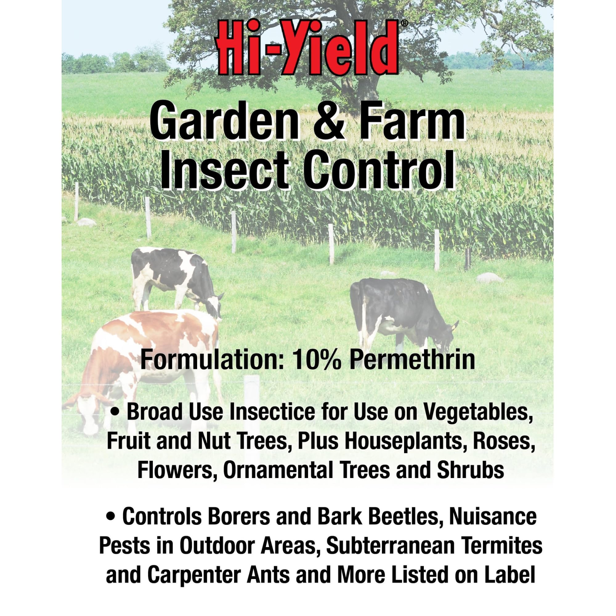 Hi-Yield insect control spray dispensing action over plants for effective application.