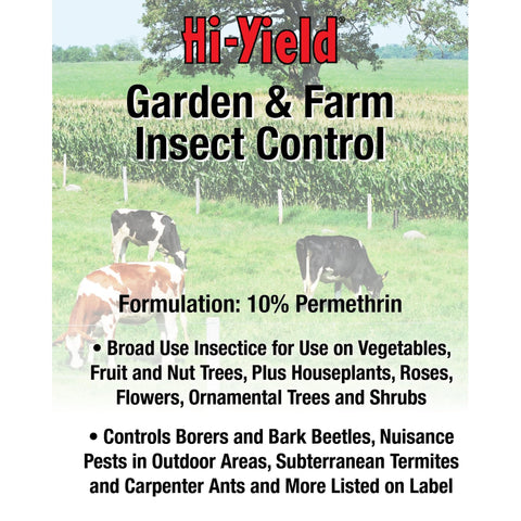 Hi-Yield insect control spray dispensing action over plants for effective application.